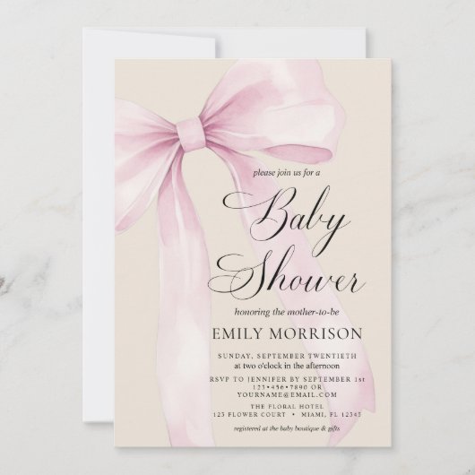 All in One Blush Pink Bow Linen Baby Shower 招待状 (正面)