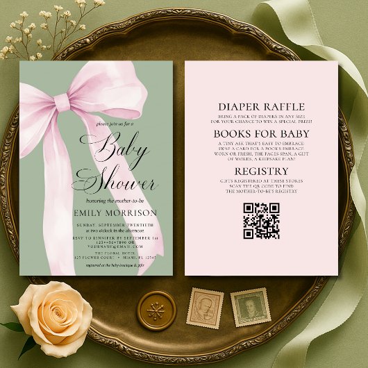 All in One Blush Pink Bow Sage Green Baby Shower 招待状