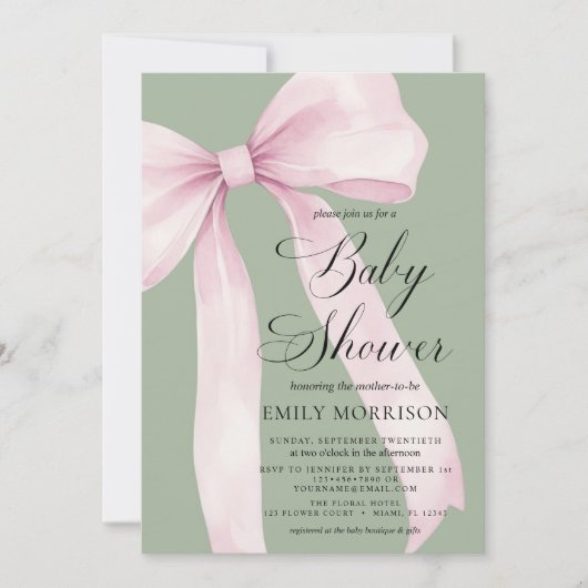 All in One Blush Pink Bow Sage Green Baby Shower 招待状 (正面)