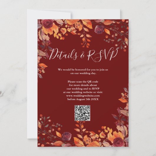 All In One Burgundy Fall In Love QR Code Wedding 招待状 (裏面)