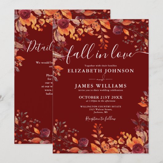 All In One Burgundy Fall In Love QR Code Wedding 招待状 (正面/裏面)