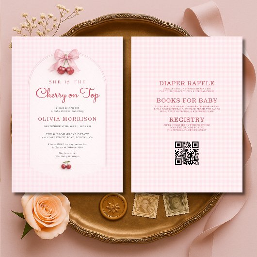 All in One Cherry on Top Bow Baby Shower 招待状