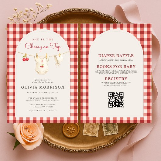 All in One Cherry on Top Clothesline Baby Shower 招待状