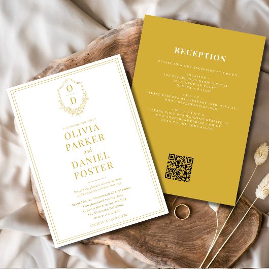 All in One Crest Champagne Gold QR Code Wedding 招待状