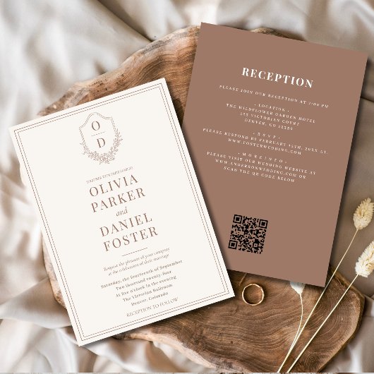 All in One Crest Mocha Brown QR Code Wedding 招待状