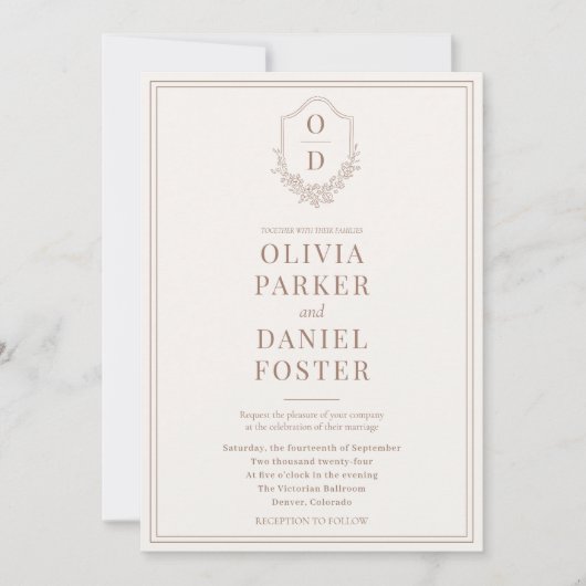 All in One Crest Mocha Brown QR Code Wedding 招待状 (正面)