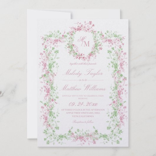 All in One Delicate French Flora Crest Wedding 招待状 (正面)
