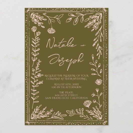 All In One Drawn Grasslands Floral Garden Wedding 招待状 (正面)