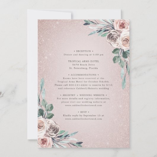 All in One Dusty Pink Roses Boho Glitter Wedding 招待状 (裏面)