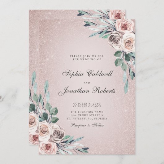 All in One Dusty Pink Roses Boho Glitter Wedding 招待状 (正面/裏面)