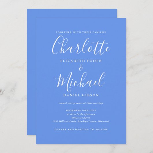 All In One Elegant Modern Cornflower Blue Wedding 招待状 (正面/裏面)
