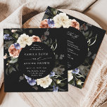 All In One Garden Floral Frame Black Wedding  招待状<br><div class="desc">CHANGEABLE BACKGROUND COLOR | This all in one wedding invitation features your wedding details encircled by watercolor flowers and leaves in white, terracotta, blue violet, blush pink, green with more wedding details on the back. For more advanced customization of this design, please click the BLUE DESIGN TOOL BUTTON above! Matching...</div>