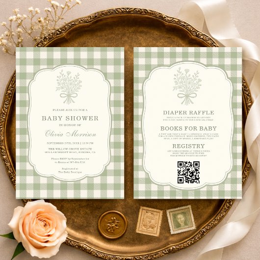 All in One Gingham Floral Bow Baby Shower 招待状