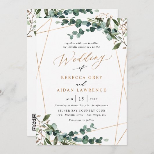 All-In-One Greenery Gold Geometric QR Code Wedding 招待状 (正面/裏面)