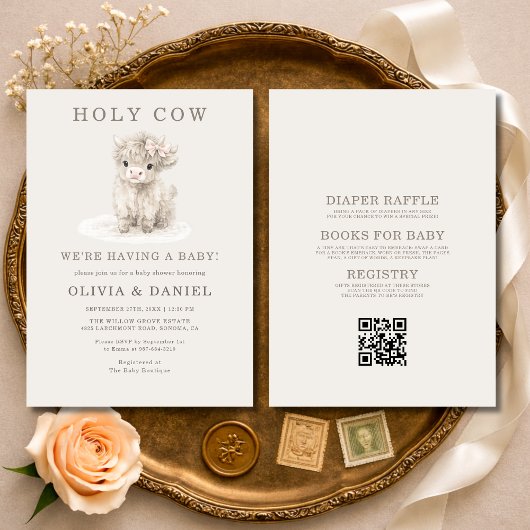All in One Highland Cow Holy Cow Pink Baby Shower  招待状