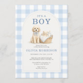 All in One It's a Boy Puppy Dog Blue Baby Shower 招待状 (正面)