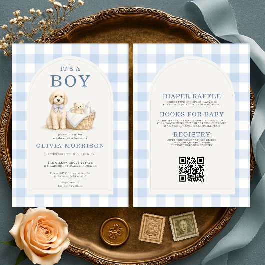 All in One It's a Boy Puppy Dog Blue Baby Shower 招待状