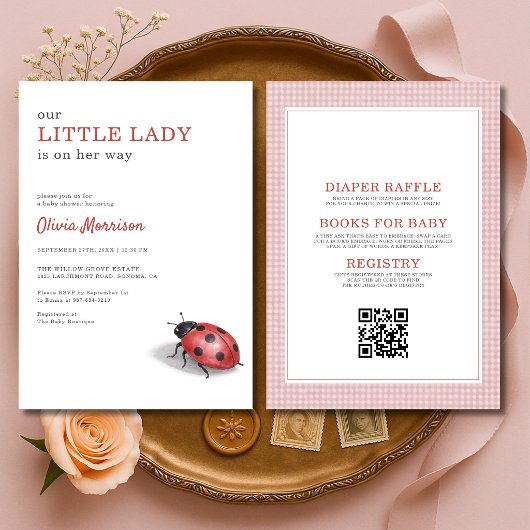 All in One Ladybug Gingham Baby Shower 招待状