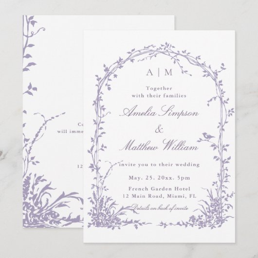 All in One Lavender Botanical Arch Garden Wedding 招待状 (正面/裏面)