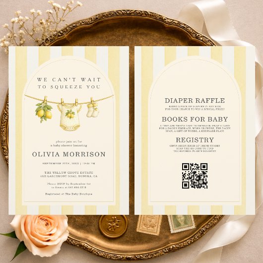 All in One Lemon Stripes Clothesline Baby Shower 招待状