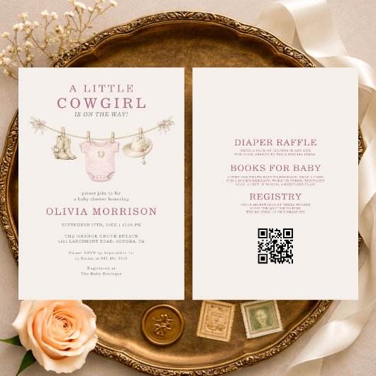 All in One Little Cowgirl Clothesline Baby Shower 招待状