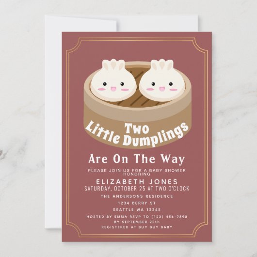 All in One Little Dumpling Twins Baby Shower QR  招待状 (正面)