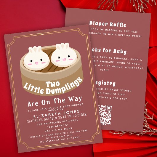 All in One Little Dumpling Twins Baby Shower QR  招待状