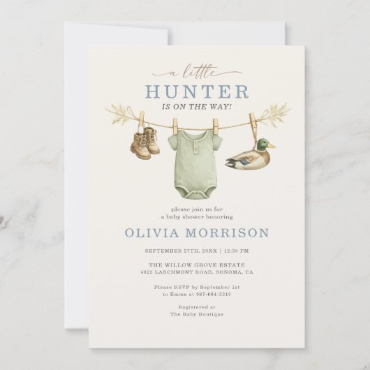 All in One Little Hunter Clothesline Baby Shower 招待状 (正面)