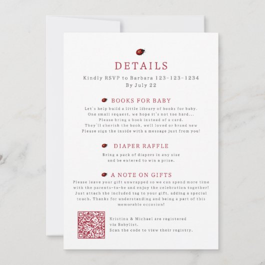 All in One Little Ladybug QR Code Shower 招待状 (裏面)