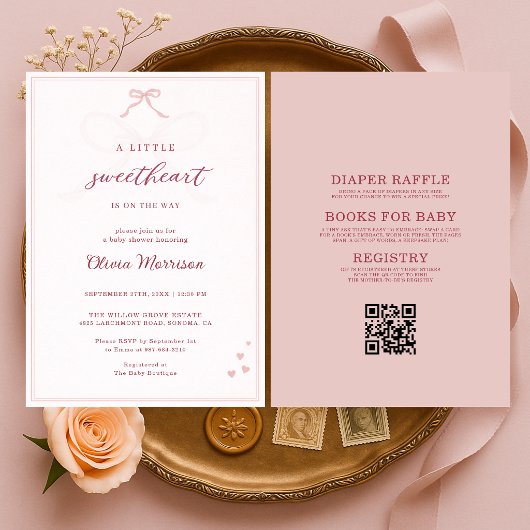 All in One Little Sweetheart Pink Bow Baby Shower 招待状