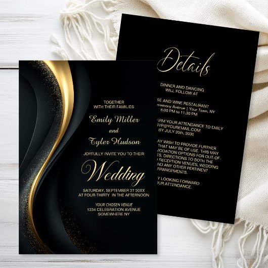 All in One Modern Black and Gold Wedding 招待状