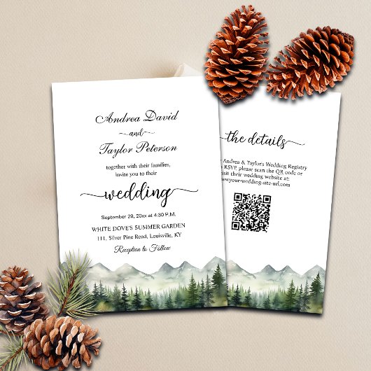 All in One Mountains and Pines QR Code Wedding 招待状
