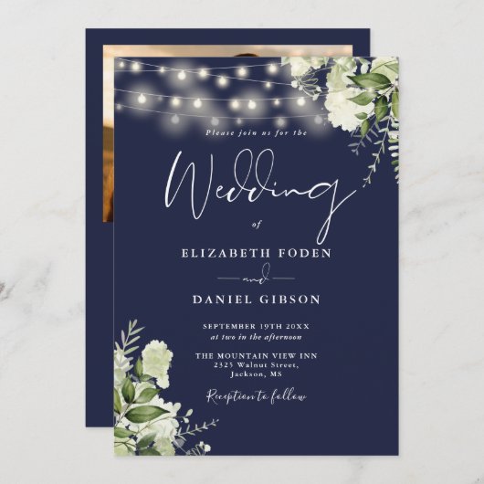 All In One Navy Blue Greenery Light Photo 結婚's 招待状 (正面/裏面)