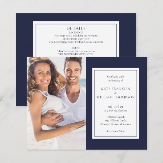 All In One Navy Blue Photos 結婚 招待状 (正面/裏面)