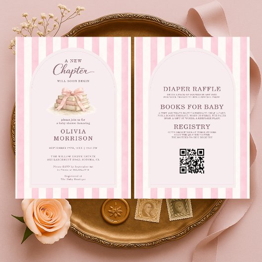 All in One New Chapter Begins Pink Bow Baby Shower 招待状