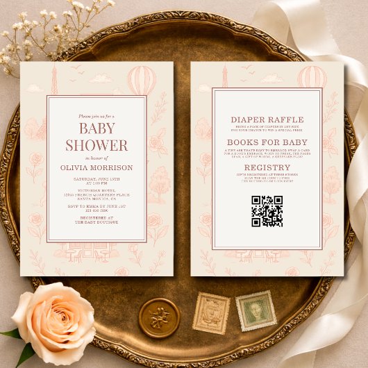 All in One Paris French Toile QR Code Baby Shower 招待状