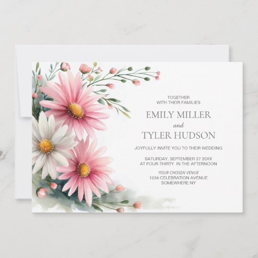 All in One Pink and White Daisies Wedding 招待状 (正面)
