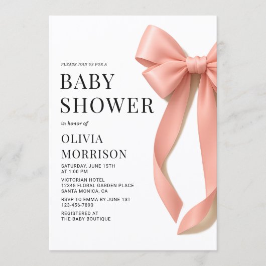 All in One Pink Bow Coquette Baby Shower 招待状 (正面)