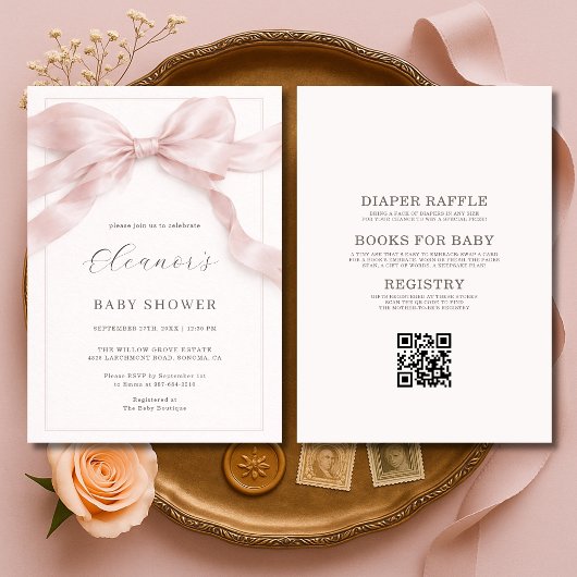 All in One Pink Bow Girl Baby Shower 招待状