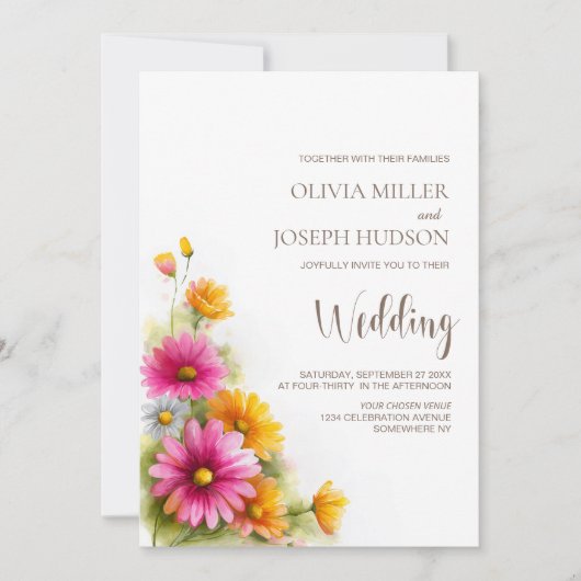 All in One Pink Orange Floral Wedding 招待状 (正面)