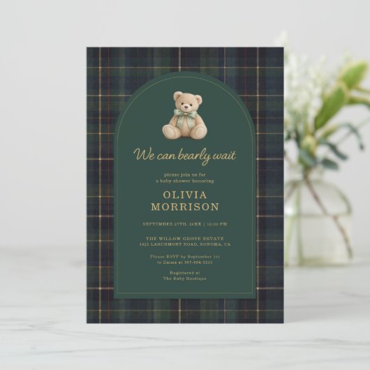 All in One Plaid Bearly Wait Green Baby Shower 招待状 (スタンド正面)