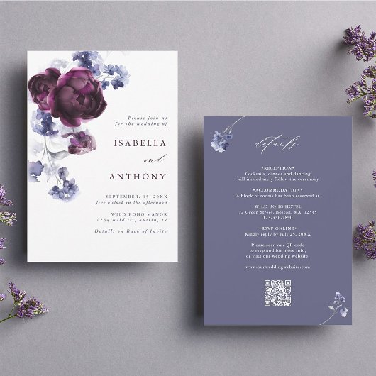 All In One Plum Purple & Indigo Floral Wedding 招待状