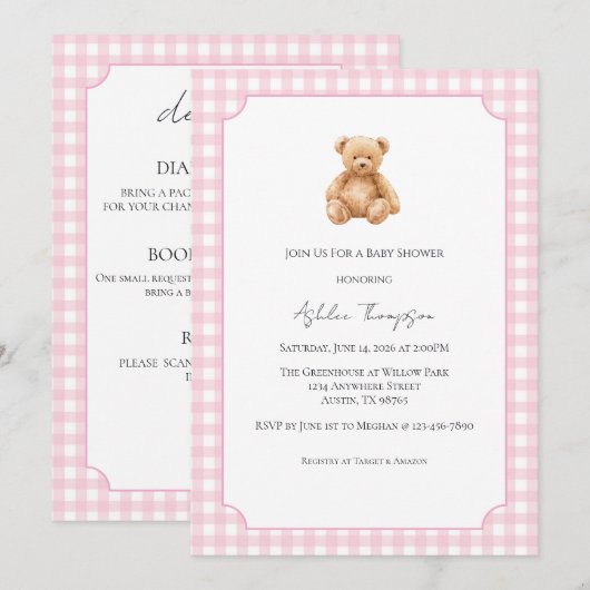 All in One Preppy Classic Teddy Bear Baby Shower 招待状 (正面/裏面)