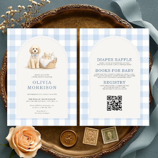 All in One Puppy Dog Gingham Blue Baby Shower 招待状
