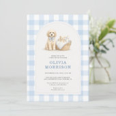 All in One Puppy Dog Gingham Blue Baby Shower 招待状 (スタンド正面)