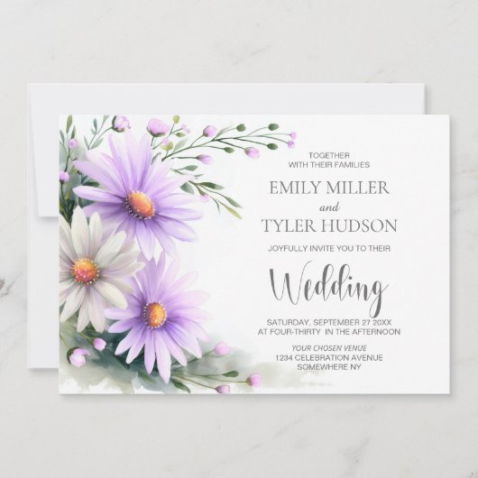 All in One Purple and White Daisies Wedding 招待状 (正面)