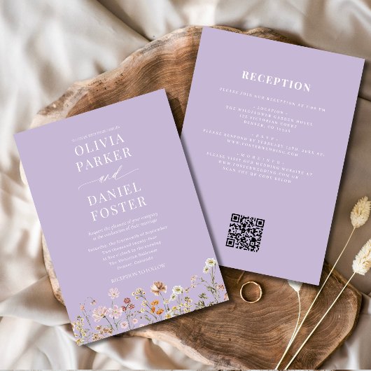 All in One Purple Wildflower QR Code Wedding 招待状