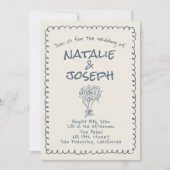 All In One Retro Navy blue Hand Drawn Wedding 招待状 (正面)