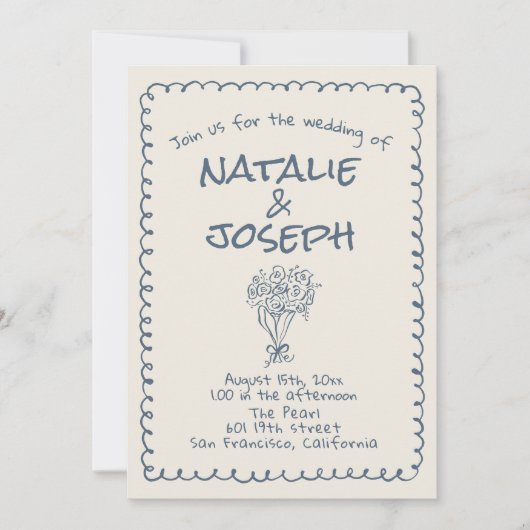 All In One Retro Navy blue Hand Drawn Wedding 招待状 (正面)