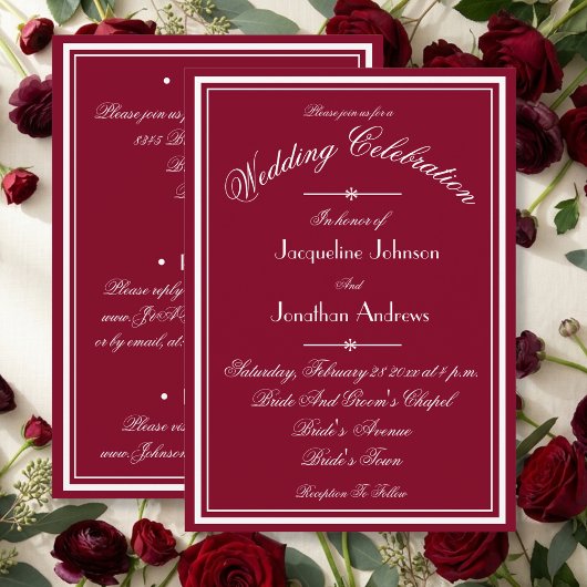 All In One RSVP Burgundy Red White Script Wedding 招待状